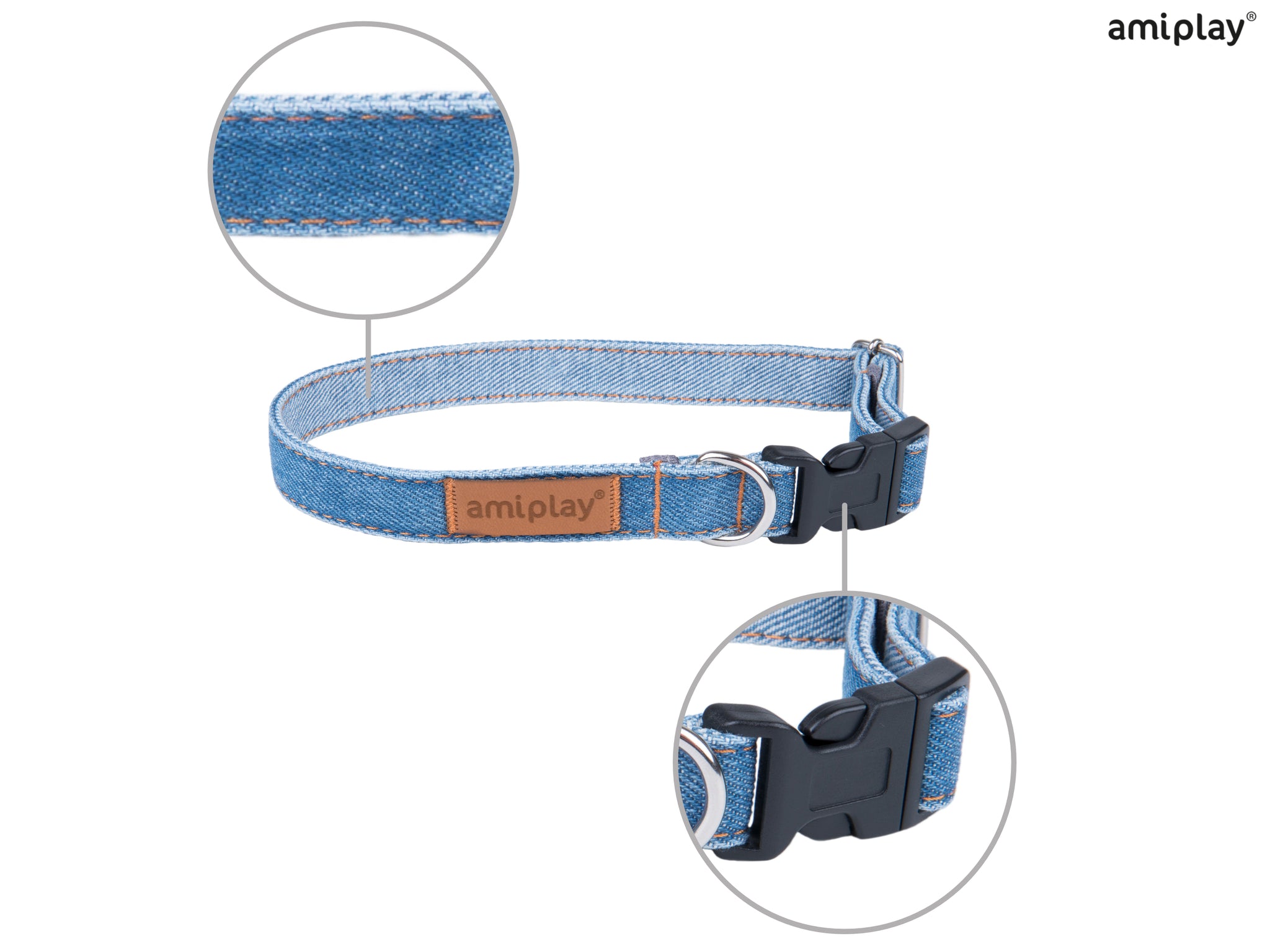 Amiplay Denim Adjustable Collar – Denim Light Blue & Denim Original